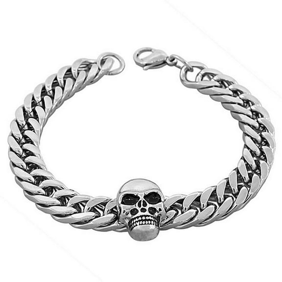 Stainless Steel Silver-Tone Skull Men's Classic Link Cuban Chain Bracelet
