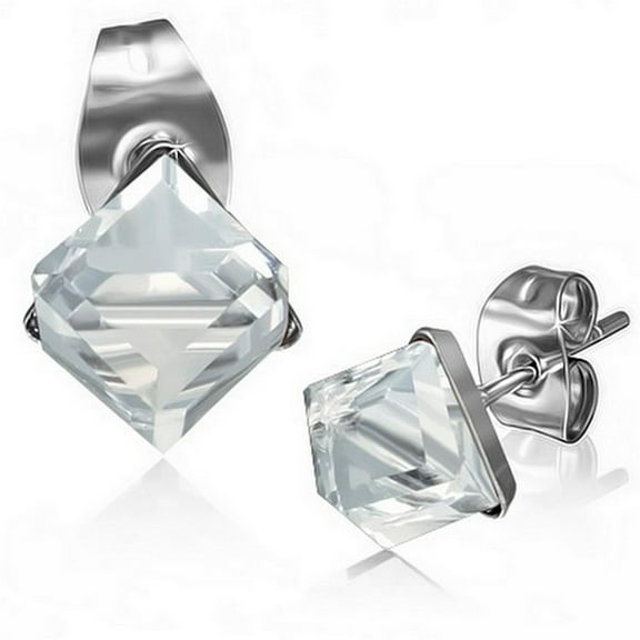 Stainless Steel Silver-Tone Square Classic Multicolor CZ Stud Earrings