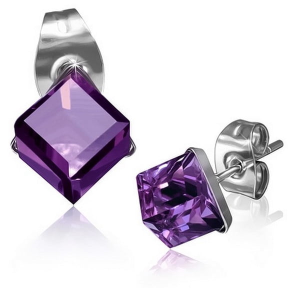 Stainless Steel Silver-Tone Square Classic Multicolor CZ Earrings