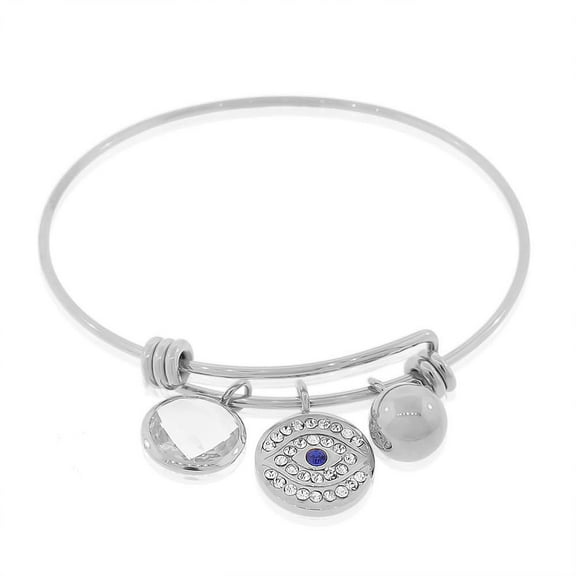 Stainless Steel Silver-Tone White Blue CZ Protection Evil Eye Bangle Bracelet