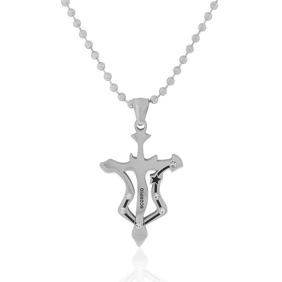 Stainless Steel Silver-Tone White CZ Zodiac Cross Pendant Necklace - Scorpio, 24"