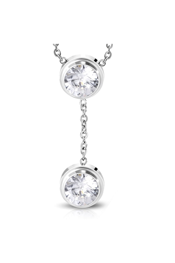 Stainless Steel Silver-Tone White Clear Bezel-Set CZ Pendant Necklace, 18"