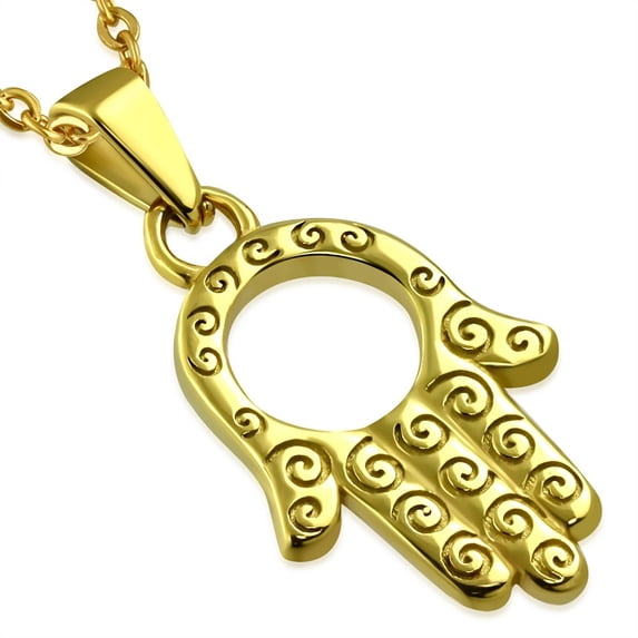 Stainless Steel Silver-Tone Yellow Gold-Tone Hamsa Hand Protection Pendant Necklace