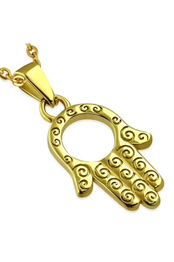 Stainless Steel Silver-Tone Yellow Gold-Tone Hamsa Hand Protection Pendant Necklace