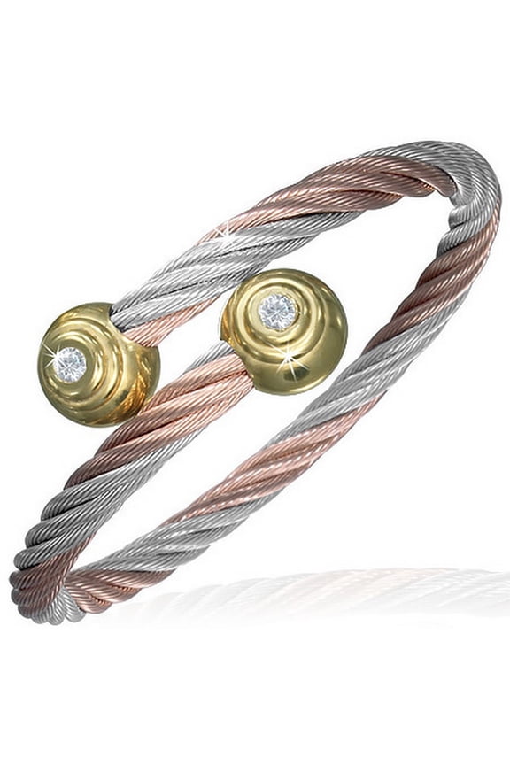 Stainless Steel Silver Two-Tone Twisted Cable CZ Womens Cuff Bangle