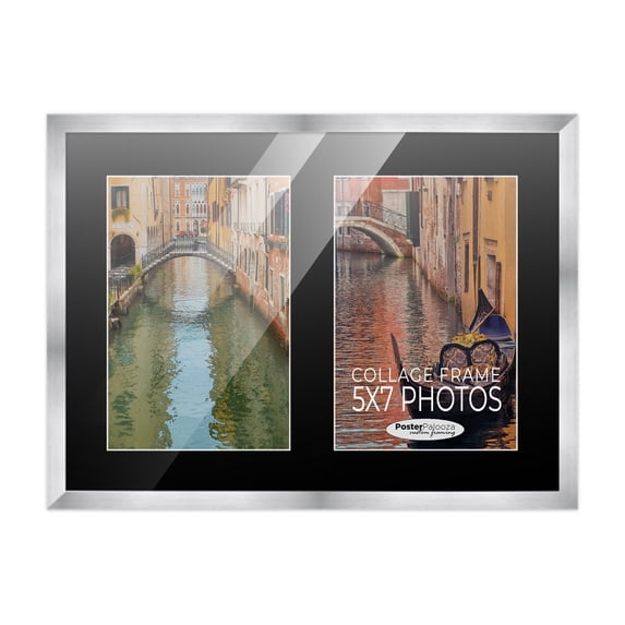 Stainless Steel Silver Wood Finish Collage Frame - Black Mat, Holds Two 5x7 Photos , UV Resistant