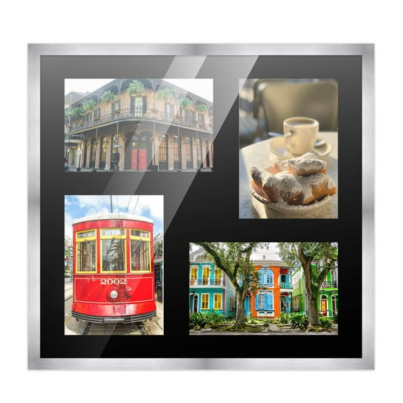 Stainless Steel Silver Wood Finish Collage Square Frame - Black Mat, Holds Four 5x7 Photos , UV