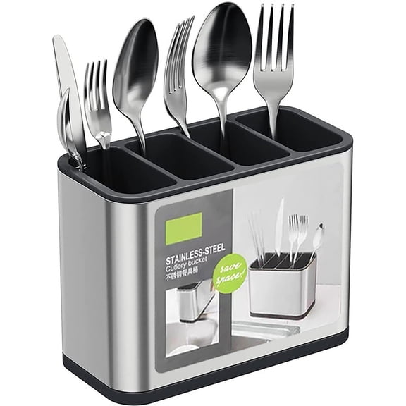 Stainless Steel Silverware Caddy Organizer, 4 Divided Compartments Flatware Spoon Fork Chopsticks Cutlery Drying Holder Drainer Storage Rack, Kitchen Utensil Holder For Countertop, Tableware Holder