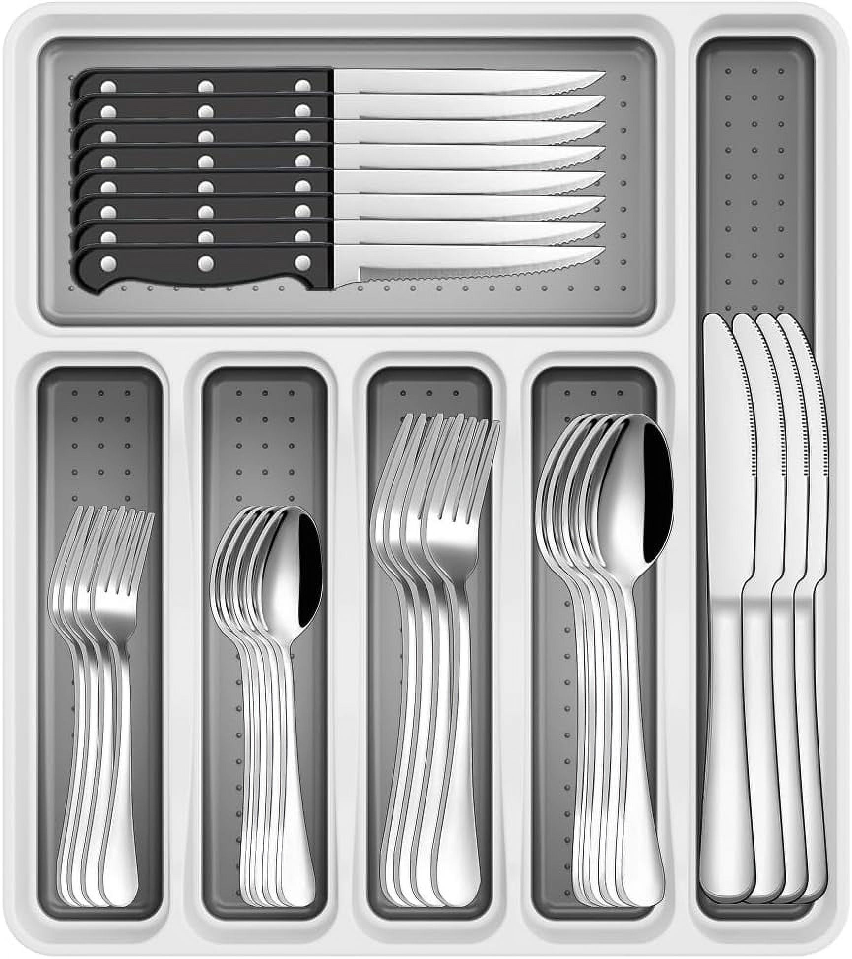 Latitude Run® 49-Piece Stainless Steel Silverware Set for 8 with Steak Knives, Cutlery Organizer, and Kitchen Utensils