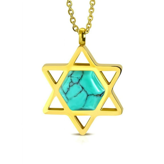 Stainless Steel Simulated Turquoise Jewish Star of David Pendant Necklace, 20"