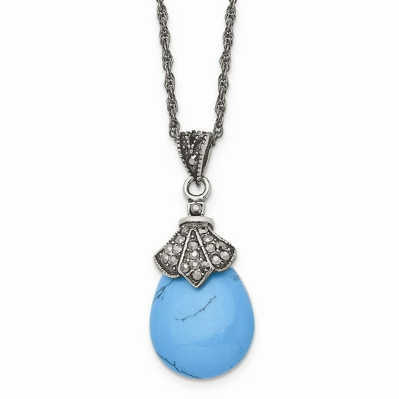 Stainless Steel Simulated Turquoise/Marcasite Antiqued Necklace; 18 inch; Lobster (Fancy) Clasp; for Adults and Teens; for Women and Men