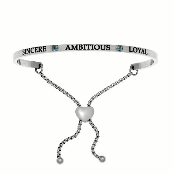 Stainless Steel Sincere, Ambitious, Loyal September Dark Blue Birthstone Bangle Bracelet, 7
