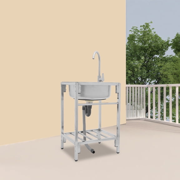 Stainless Steel Single Basin Kitchen Sink with Stand, Home Simple Laundry Sink With Faucet, Ready Practical Freestanding Vanity Multipurpose Sink, Commercial Sink for Laundry / Backyard / Garage