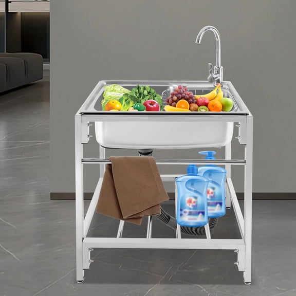 Stainless Steel Single Basin Kitchen Sink with Stand, Home Simple Laundry Sink With Faucet, Ready Practical Freestanding Vanity Multipurpose Sink, Commercial Sink for Laundry / Backyard / Garage