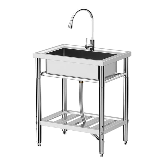 Stainless Steel Single Bowl Sink, NSF Freestanding Utility Sink with Faucet and Cold & Hot Water Pipe, Commercial Kitchen Sink Set for Kitchen, Bar, Garage, Backyard