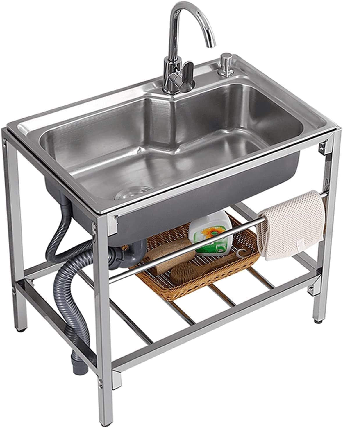 Utility Sink Standing Stainless Steel With Countertop & Drainboard – Single Bowl Commercial Grade For Kitchen, Laundry, Garage