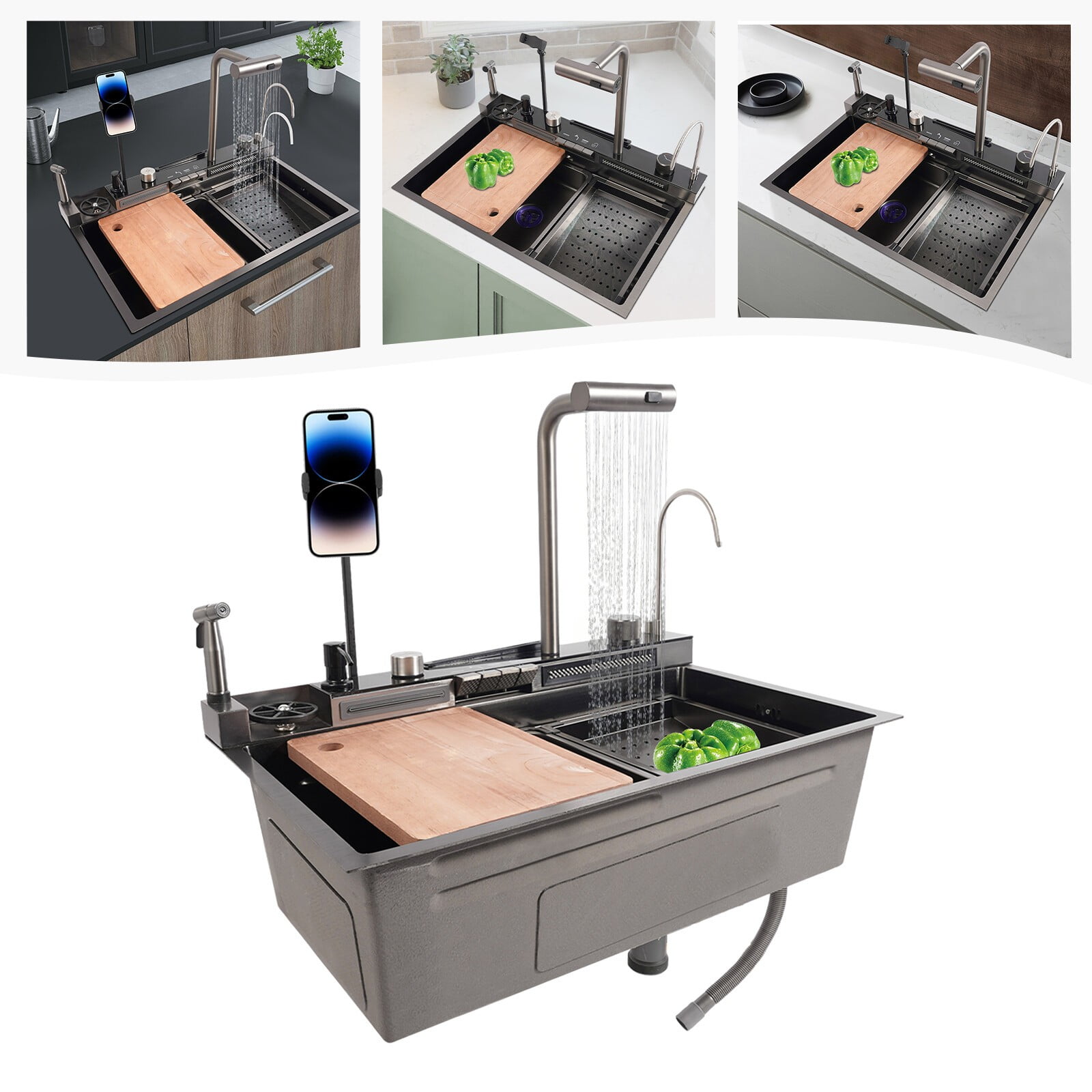 Stainless Steel Single Slot Digital Kitchen Sink Faucet Flying Rain Waterfall 75*46*23cm