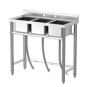 Stainless Steel Sink, 3-Compartment Freestanding Sink with Hot and Cold Hoses, Commercial Kitchen Utility Sink for Garage, Restaurant, Backyard for Indoor Outdoor