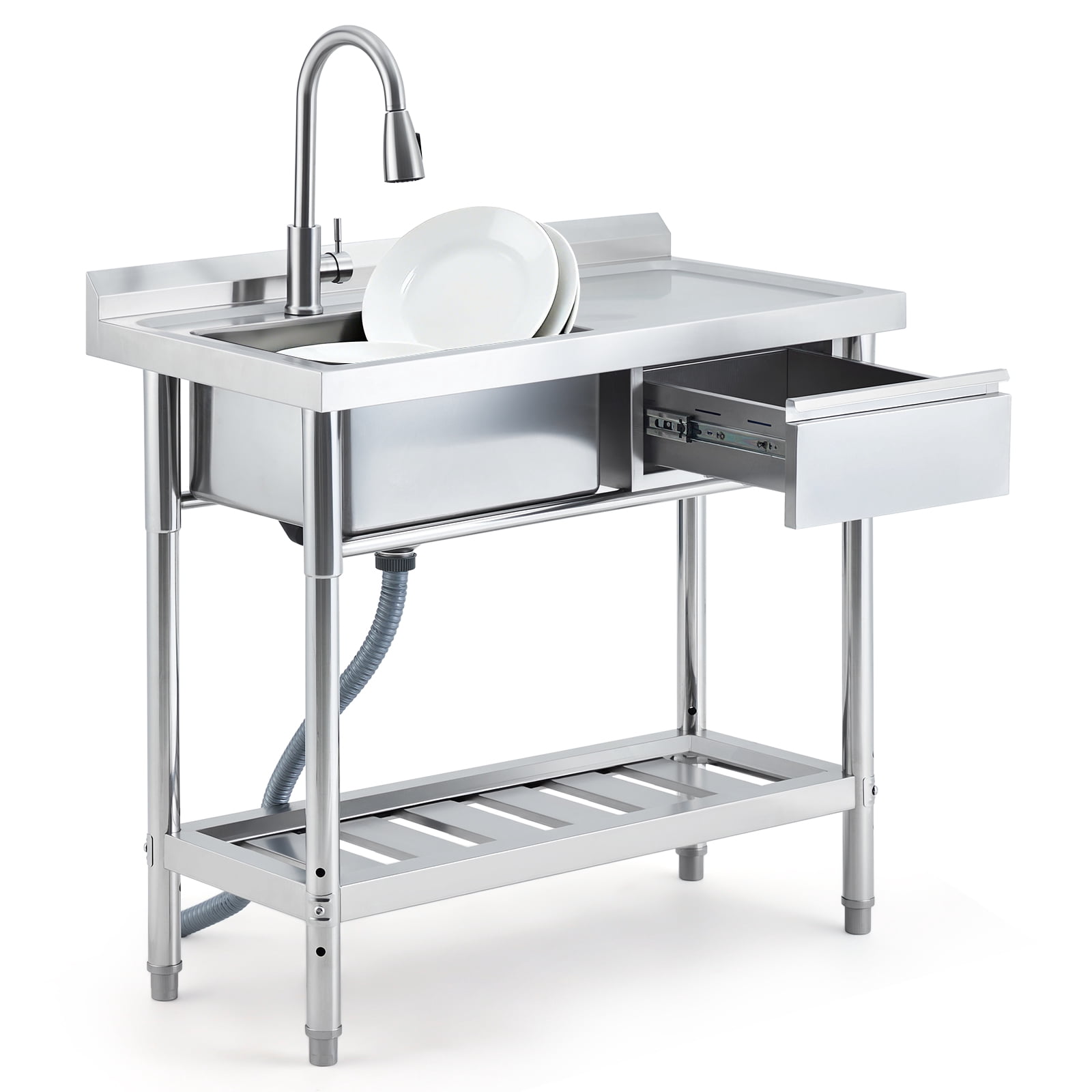 Stainless Steel Sink, 39" Utility Sink Commercial Kitchen Sink Prep Counter with Pull-out Faucet, with Storage Drawer, Freestanding Laundry Sink Workstation for Garage, Kitchen, RV, Basement