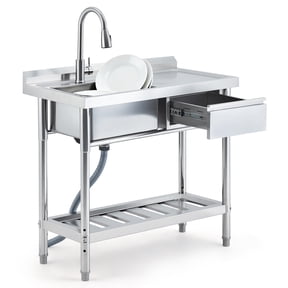 Stainless Steel Sink, 39" Utility Sink Commercial Kitchen Sink Prep Counter with Pull-out Faucet, with Storage Drawer, Freestanding Laundry Sink Workstation for Garage, Kitchen, RV, Basement