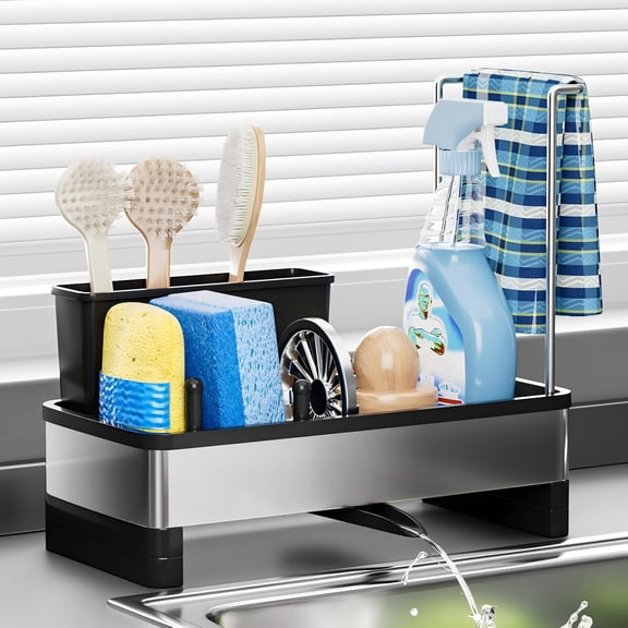 Stainless Steel Sink Caddy Kitchen Sponge Holder with Brush Holder & Towel Rack, Countertop Sink Organizer with Soap Dispenser, Rustproof Drainage Caddy for Kitchen, Bathroom,
