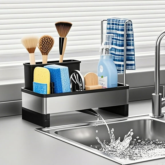 Stainless Steel Sink Caddy,Sponge Holder for Kitchen Sink with Brush Holder & Dishcloth Rack, Sponge Holder for Kitchen Sink, 304 Stainless Steel Sink Caddy with Auto Drain Tray
