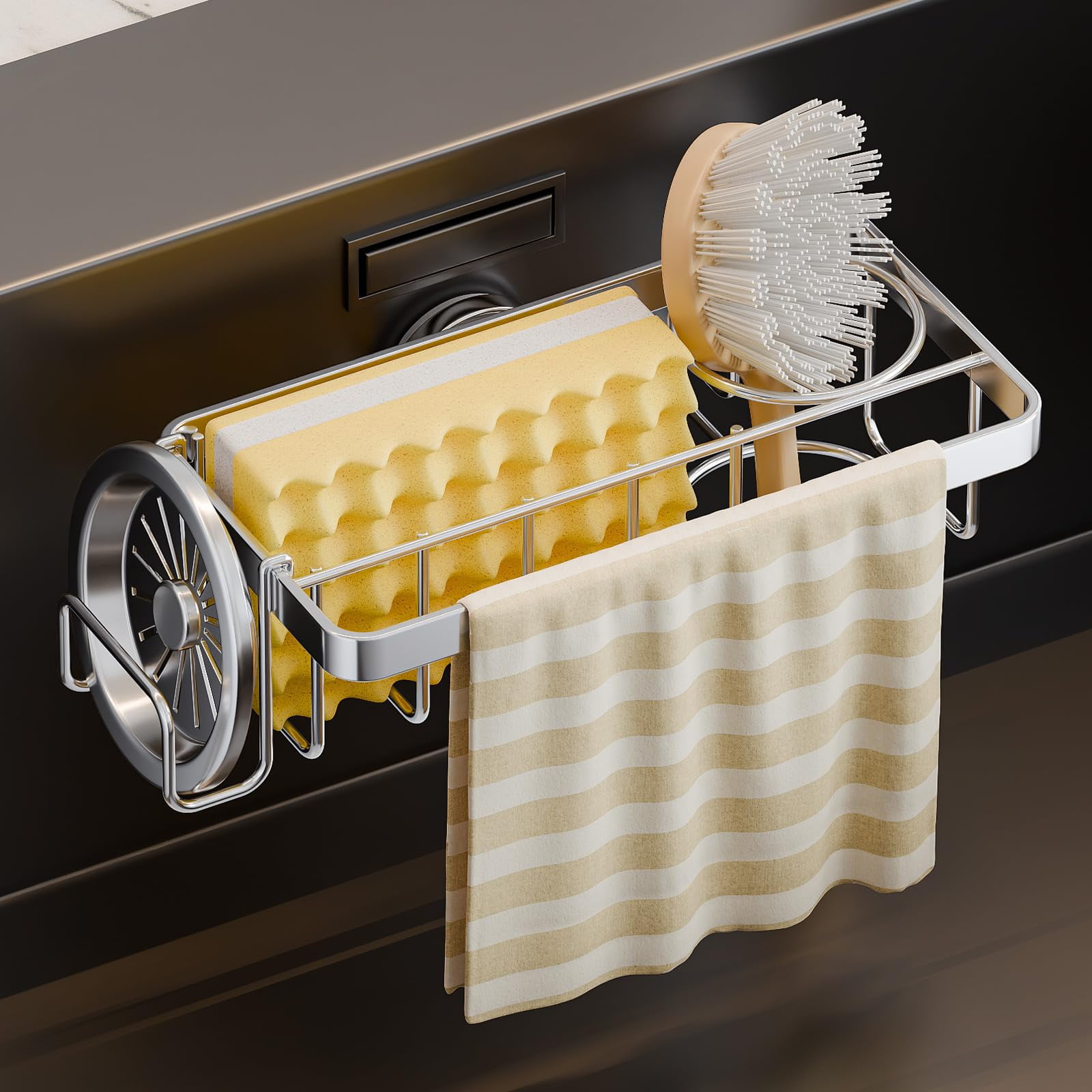 Stainless Steel Sink Caddy for Cleaning Tools, 4-in-1 Holder with Drainage System, Secure Suction Cup Mount, Compact Corner Design, Silver