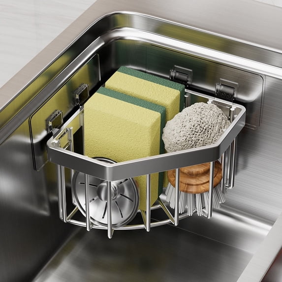 Stainless Steel Sink Corner Caddy, No Drilling Sponge Holder for Kitchen Sink, Self Draining Sink Organizer, Sink Storage Rack for Cleaning Supplies