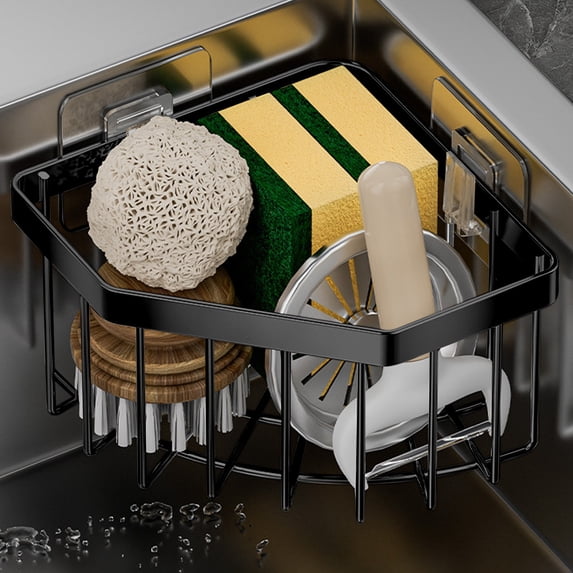 Stainless Steel Sink Corner Organizer - Sponge Holder & Dish Scrubber Caddy, Rust Proof Kitchen Sink Tray for Sponges, Brushes, Soap, Under Sink Storage Rack