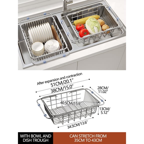 Stainless Steel Sink Drain Basket | Telescopic Kitchen Storage Rack | Expandable Vegetable & Dish Drying Rack | 38x28x13cm Size | Silver Finish | 1-Piece Set