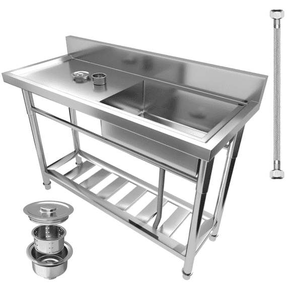 Single Bowl Stainless Steel Sink, with Solid Workbench, Sturdy 304 Steel, Heavy Duty Utility Sink, Bar Sink, for Outdoor Kitchen, Farmhouse Setting, Restaurant Prepx