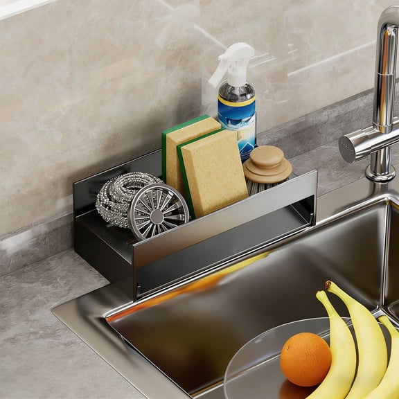 Stainless Steel Sink Organizer with Draining Rack, Countertop Sink Caddy Holds Sponge, Soap & Brushes, Space-Saving Kitchen Sink Side Rack, Non-Slip Feet, Gray