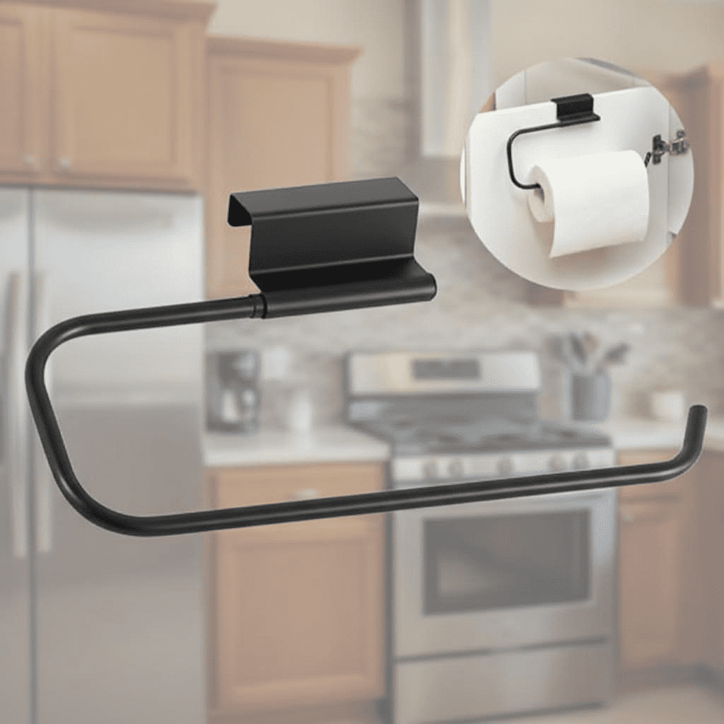 Stainless Steel Under Sink Paper Towel Holder and Dispenser for Kitchen, Bathroom, Laundry Room - 12.4 Inch Cabinet Door Mount, Space Saving Storage Solution (Black)