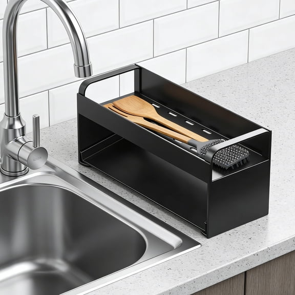 Stainless Steel Sink Rack Countertop Dish Drying Rack with Draining Board Detergent Storage Basket Kitchen Organizer for Sink Side Space Saving