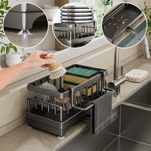 Stainless Steel Sink Rack, Kitchen Countertop Organizer with Vent Tray, Space Saving Utensil Storage Caddy and Sponge Stand for Sink, Black