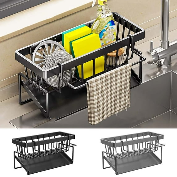 Stainless Steel Sink Rack, Non Perforated Faucet Storage Organizer with Large Capacity & Drainage Tray, Space Saving Kitchen Organizer for Utensils, Sponges & Cleaning Supplies,Vsgery