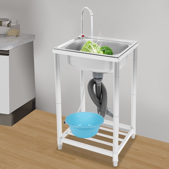 Stainless Steel Sink Single Bowl Freestanding Utility Sink, Portable Hand Wash Station with Faucet & Bottom Storage Shelf Kitchen Sink for Garage, Workshop, Outdoor, Laundry