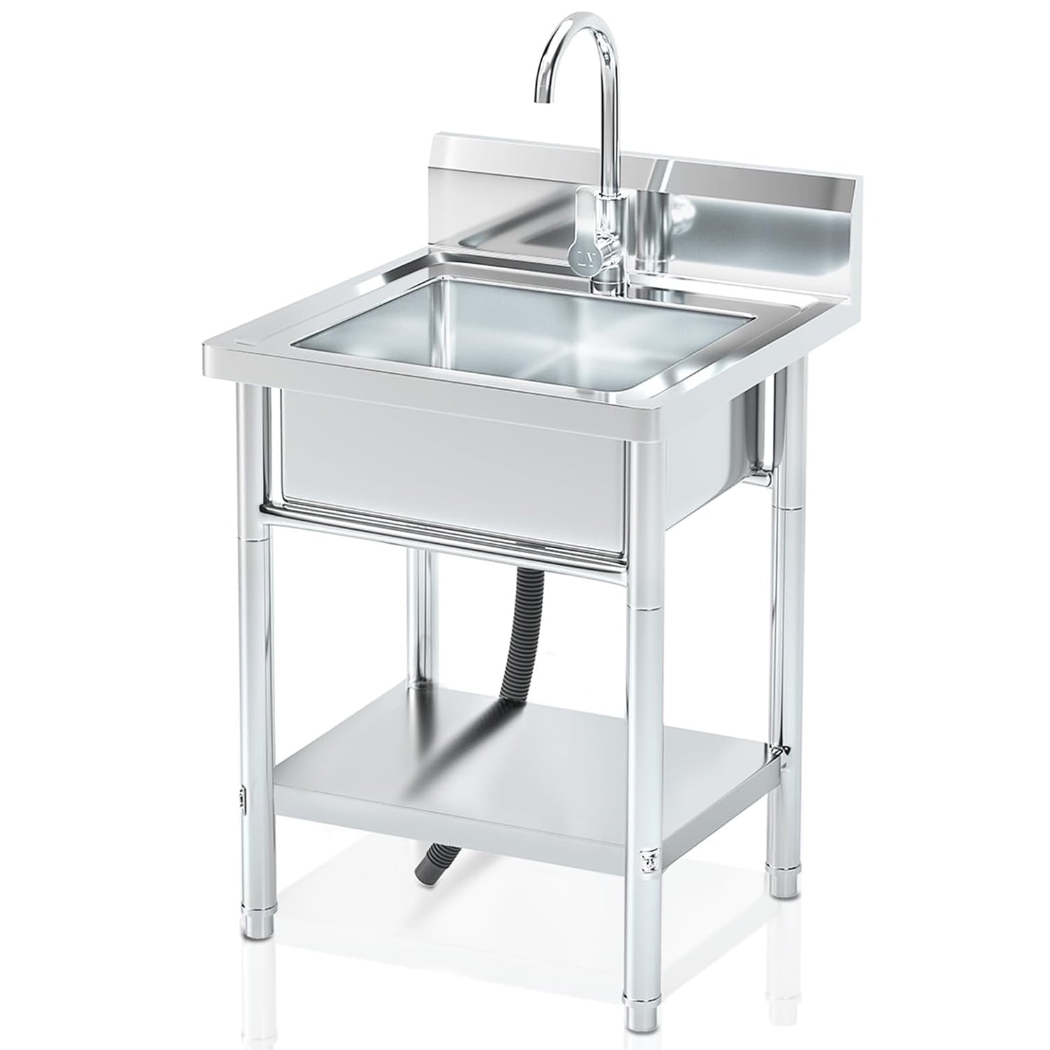 Stainless Steel Sink Utility Sinks Freestanding Single Bowl Laundry Sink with Hot and Cold Water Plumbing for Restaurant, Laundry Room, Garage, Commercial Kitchen