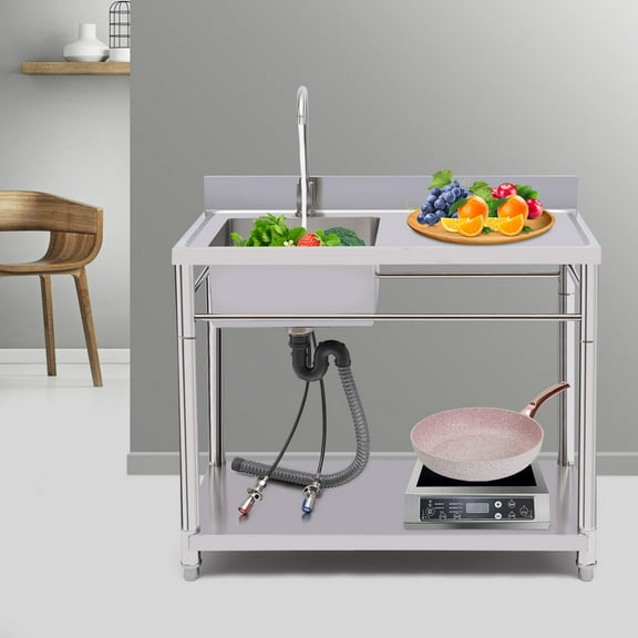 Stainless Steel Sink with Bottom Shelf, Hot & Cold Water Hoses, 220 lbs Load Capacity, Utility Sink Set for Kitchen & Laundry
