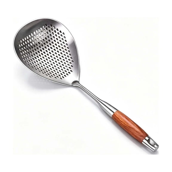 Stainless Steel Skimmer Slotted Spoon, Spider Strainer Ladle with Wooden Handle, Large Perforated Wok Strainer Ladle for Cooking Pasta Deep Frying Scoop, Professional Kitchen Cooking Utensil, 17.7"
