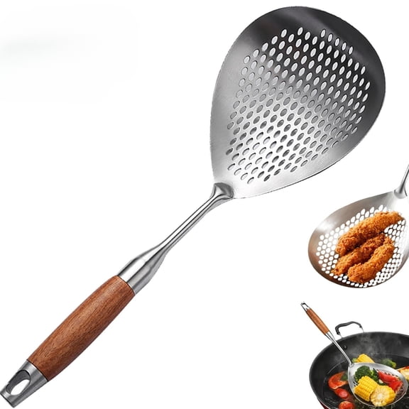 Stainless Steel Skimmer Spoon 17.7 in with Wooden Handle, Spider Strainer for Frying