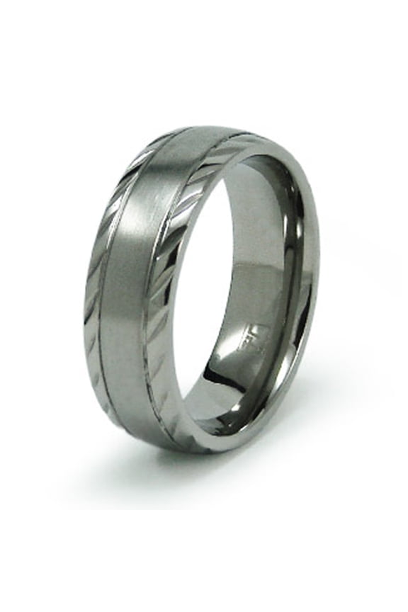 Stainless Steel Slanted Groove Edge Wedding CZ Band Ring