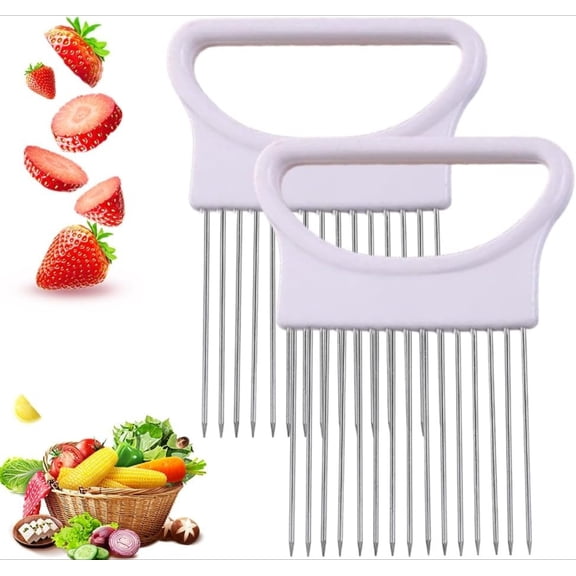 Stainless Steel Slice Holder, Kitchen Food Slicing Tool for Onions Tomatoes Vegetables, Easy-Grip Cutter Assistant