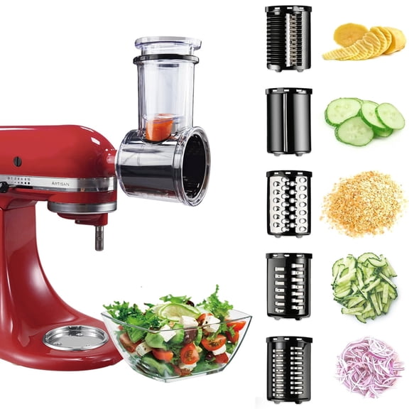 Stainless Steel Slicer Shredder Attachments for KitchenAid Stand Mixers, Vegetable Shredder, Cheese Grater, Salad Maker, Food Slicers Chopper Grinding Powder Accessories with Detachable 5 Blades