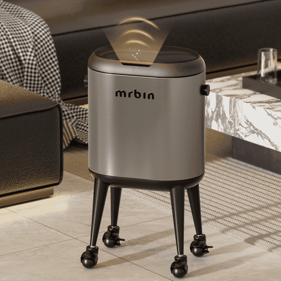 Stainless Steel Slim Bathroom Motion Sensor Trash Can with Lid and Wheels, 13L / 3.4gal Electric Touchless Toilet Waste Basket with Legs for Narrow Vanity, Rvs, Dorm, Kitchen, Eclipse Grey