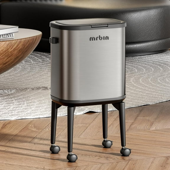 Stainless Steel Slim Bathroom Trash Can with Legs and Wheels, 15L / 4gal Toilet Press Lid Waste Basket, Covered Office Garbage Pail for Near Desk, Narrow Vanity, Rvs, Kitchen, Eclipse Grey