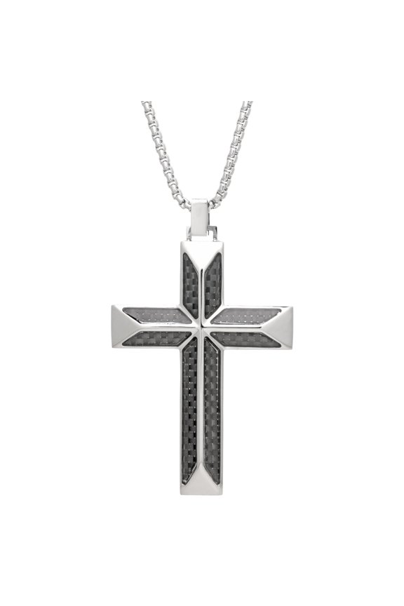 Stainless Steel Sloped Carbon Fiber Cross Pendant - 24 Inch Round Box Chain