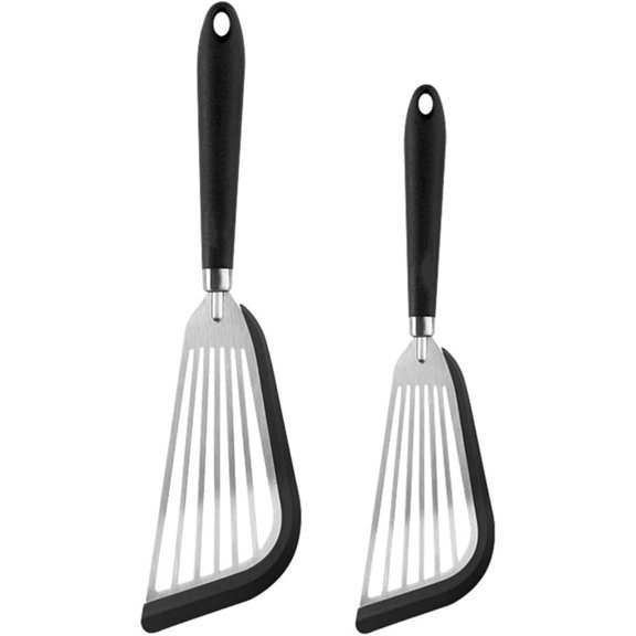 Stainless-Steel Slotted Flex Fish Turner, Set of 2, Kitchen Spatulas for Nonstick Cookware, Cooking Utensils for Flipping Eggs & Pancakes, Heat-Resistant, Dishwasher Safe, Black