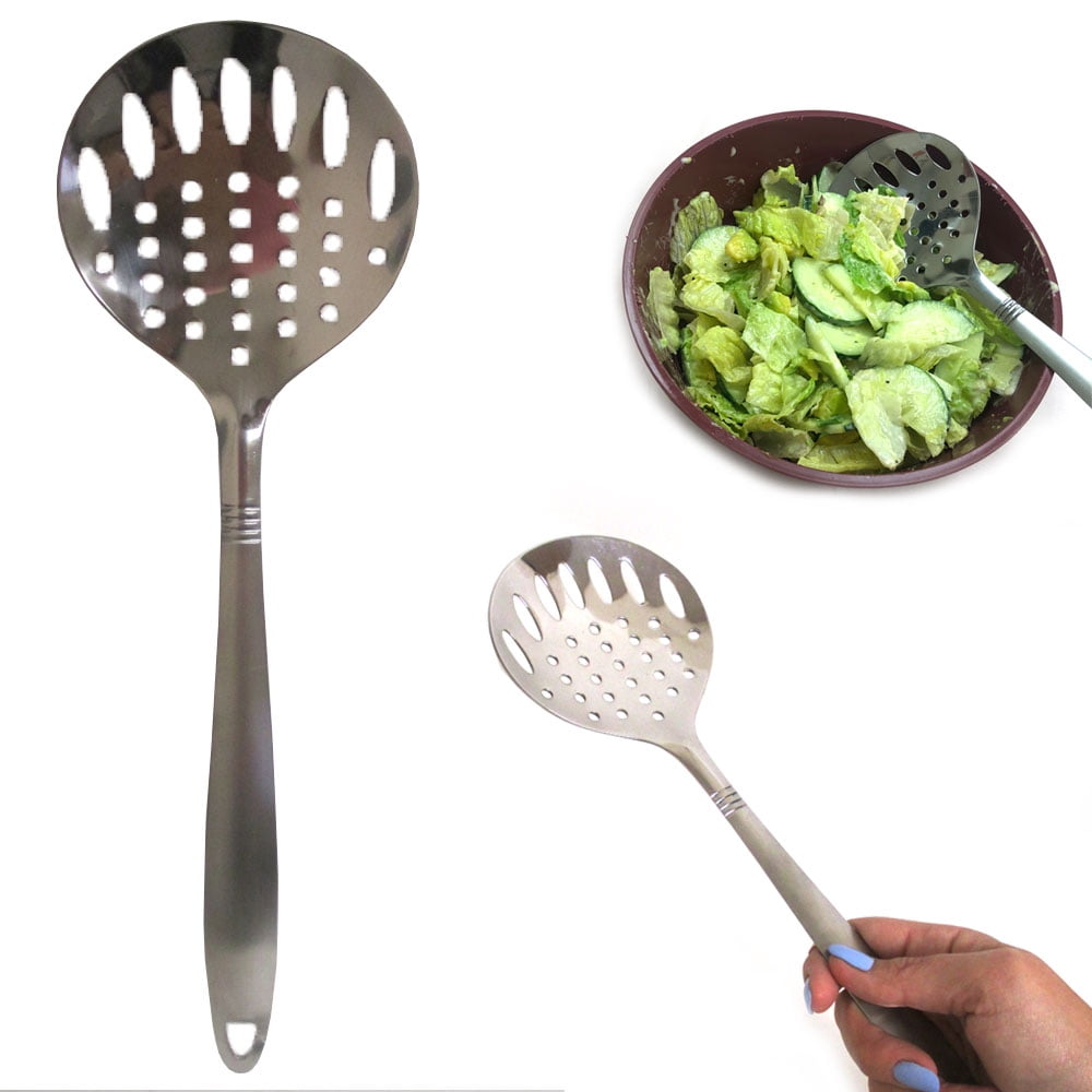 Large Metal Cooking Spoon with Holes- Pack of 2 - Stainless Steel Slotted  Serving Spoon - Perforated Metal Spoon with Long Handle