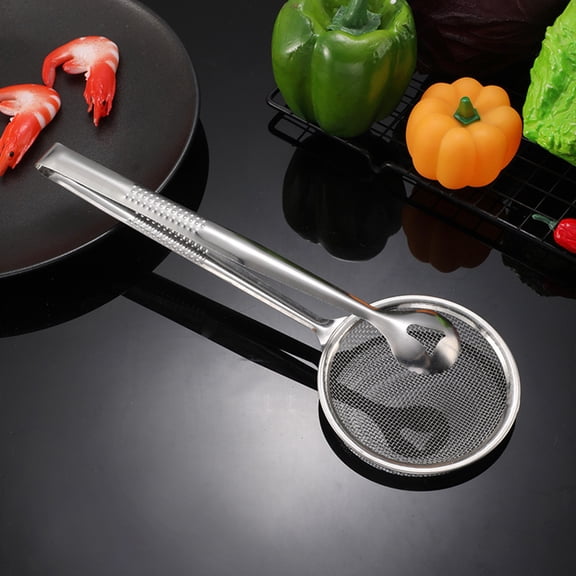 Stainless Steel Slotted Spoon with Clip, 2 in 1 Fine Mesh Oil Strainer and Deep Fryer Skimmer, Kitchen Oil Draining Tool for French Fries, Food Lifting Clip with Long Handle for Kitchen